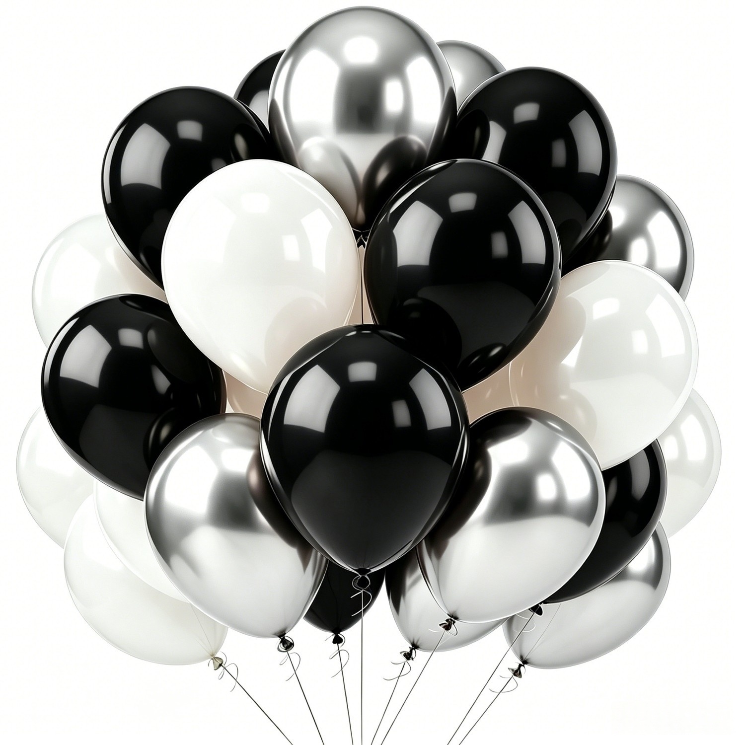 Image of 40pcs 10inch Black White And Metallic Silver Latex Balloon With Ribbons For Birthday Anniversary Wedding Graduation Balloons School Supplies Party Decorations, For Halloween, Christmas