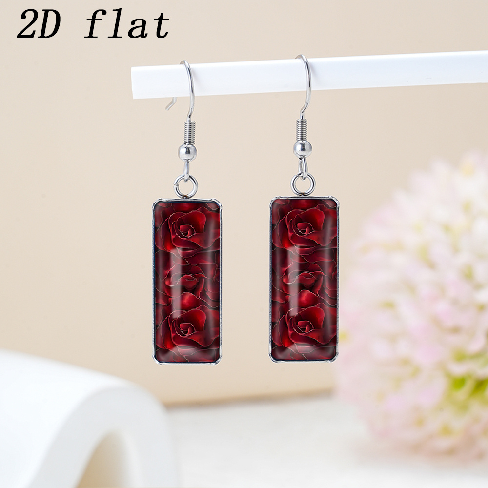 TEMU 2d Flat, 1 Pair Velvet Texture Burgundy Red Rose Petal Pattern Time Gemstone Glass Earrings, Spring Summer Ear Ornaments, Stainless Steel Ear