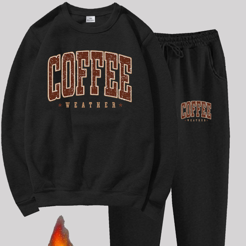 

Women's Plus Size Sweatshirt And Pants Set, Coffee Weather Letter Print, Cozy Knit Fabric, , Polyester , Stretchy, For Adult , Autumn/