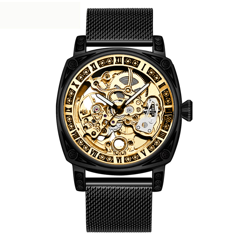 TEMU 1pc Men's Yellow Black Mesh Strap Carving Fully Automatic Tourbillon Hollow Mechanical Watch, Without Battery