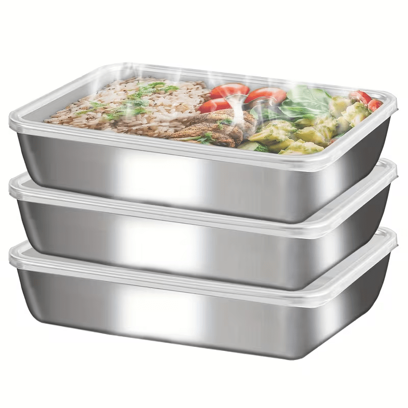 TEMU 3pcs Stainless Steel Food Storage Containers - Leak-proof Design, Reusable, Ideal For Storing Fruits, Meats, And Vegetables | Easy To Clean,