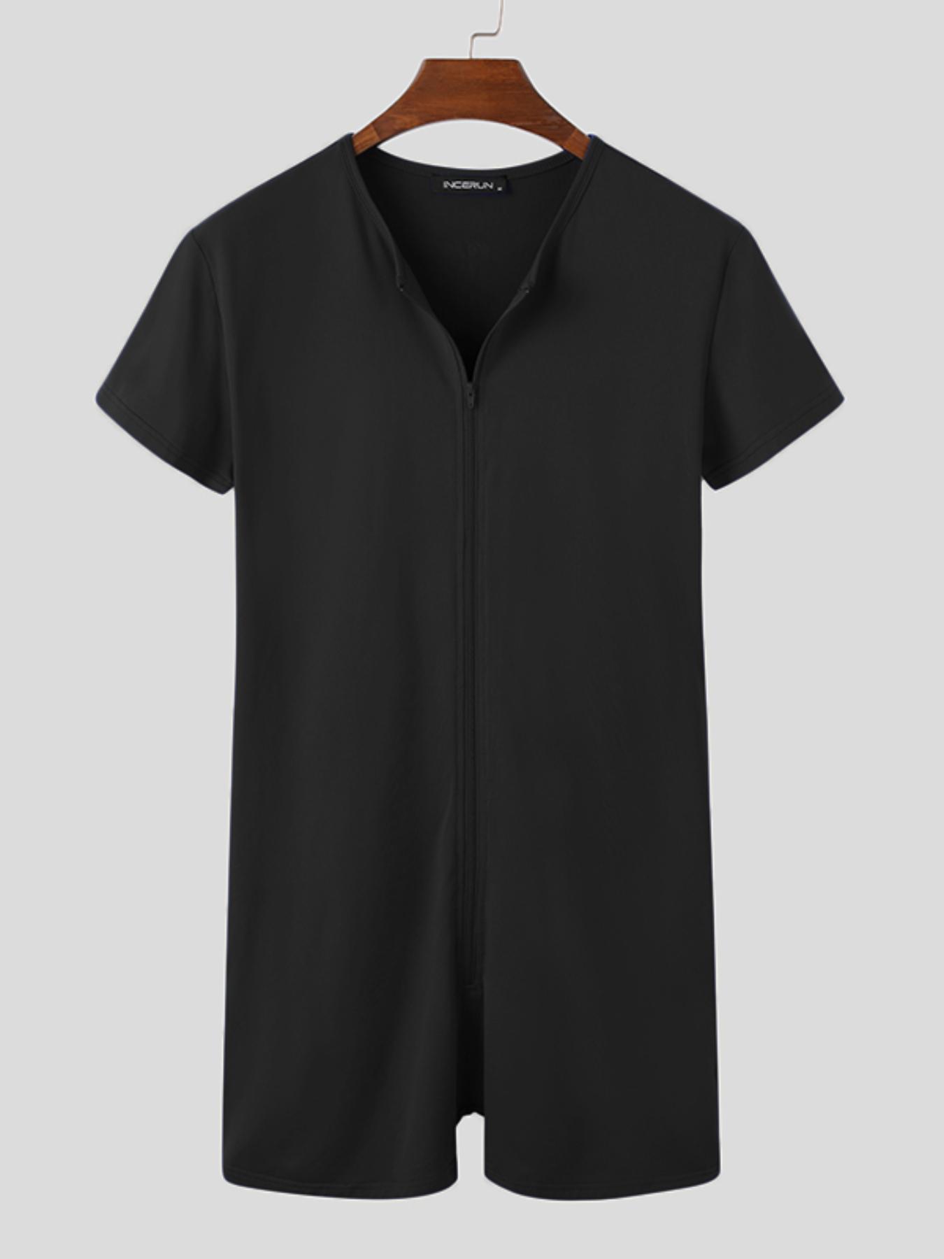 item picture   men simple comfy solid short sleeve crew neck zip up thin playsuit jumpsuit pajamas for home