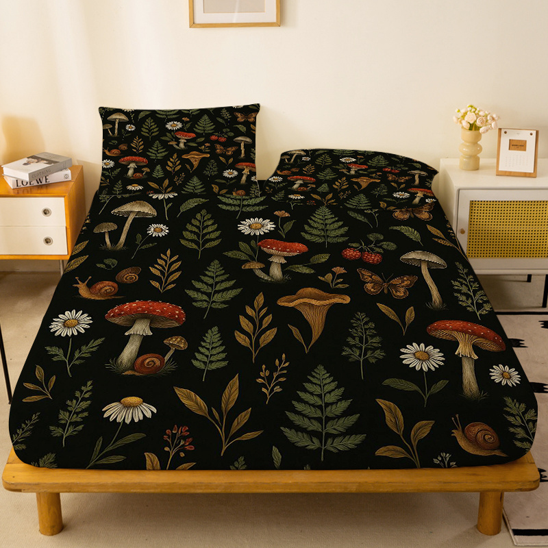 1pc fitted sheet with mushroom   snail and forest plant pattern single deep pocket fitted sheet only no pillowcases washed soft fabric   and comfortable 360   anti slip mattress protector suitable for bedrooms