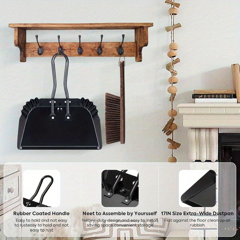 heavy-duty large 17-inch metal dust pan and brush set with ergonomic rubber-coated handle & sturdy broom head - large rectangular pan with rounded edges for carpet, hardwood, tile, vinyl floors - indoor/outdoor use for home, patio, car, pet hair removal - durable metal construction, easy to clean, space-saving design, dust pan with long handle, mini broom and dustpan, dust pan and broom, mini dust pan Product details 2