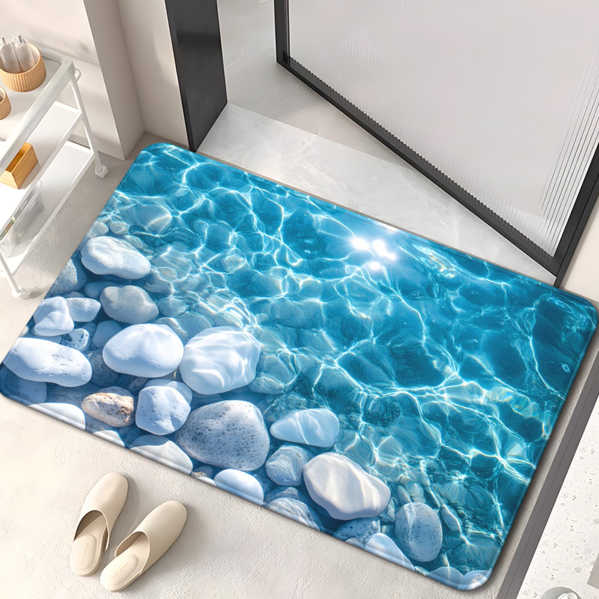 Image of 1pc Water Pebbles Blue Doormats 700gsm, Non-slip Bathroom Floor Mat, Microfiber Absorbent Machine Washable Rug For Bedroom, Living Room Entrance, Camping Picnic Rugs, Outdoor Mat, Outdoor Rug.