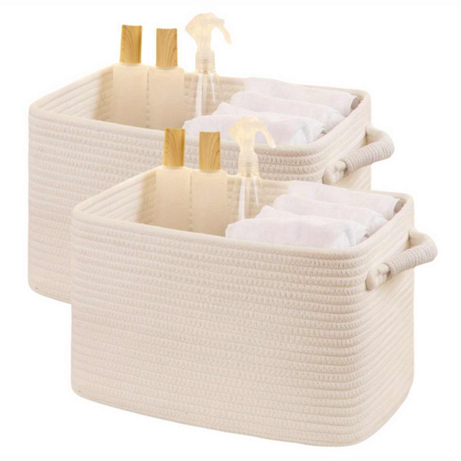 2pcs Cotton Rope Baskets (37.34cmL X 24.89cmW X 22.35cmH), Woven Storage Baskets, Rectangular Storage Basket with Handles, High Rim, Shelves Storage Baskets, Home Decor|Clothes Storage|Room Storage, 2-Pack, Shelf Baskets