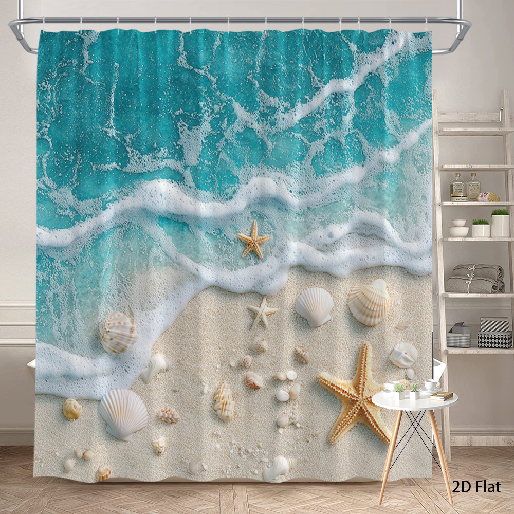 TEMU 2d Flat, 1pc 2d Flat Beach Theme Shower Curtain Starfish Seashells And Ocean Polyester Fabric Bath Hanging Curtain Bathroom Decor 70.8x70.8 Inch