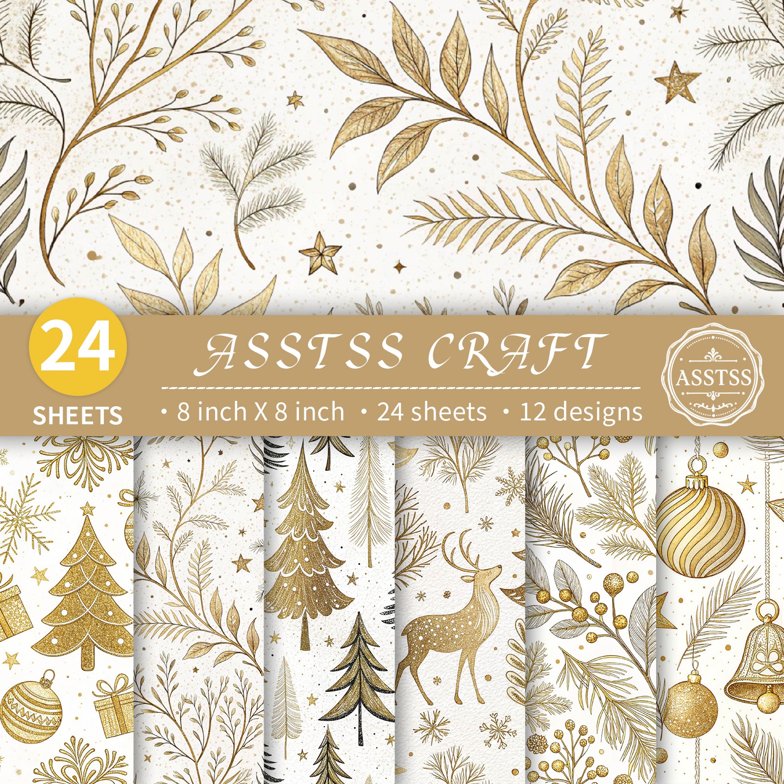 TEMU Bloc de papier scrapbooking ASSTSS de 24 feuilles 8X8 pouces, papier de base de style de luxe de neige de sapin de Noël, papier cartonné épais