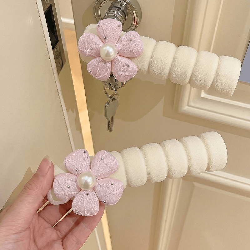 TEMU 2pcs French Cream Style Pearl Five-petal Flower Protective Covers, Anti-collision, Silent And Anti-static Handle Sleeves For Home Bedroom And