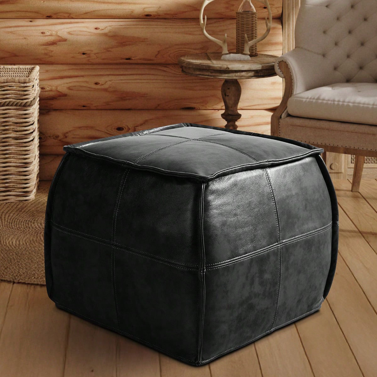 Leather Ottoman, Handmade Stuffed Square Ottoman, Genuine Leather Pouf, Foot Rest Pouf, Comfortable Soft Seating for Living Room& Bedroom(Brown, Black, Grey, Square)