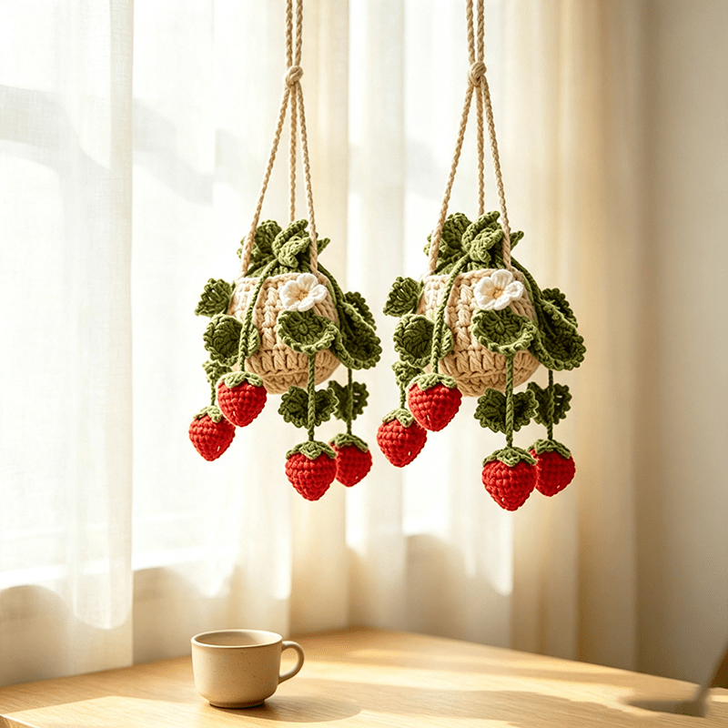 TEMU 2pcs Hand-crocheted Strawberry Hanging Baskets, Car Hangings, Car Rearview Mirror Home Decorations, Perfect Gifts For Festivals, Birthdays, And