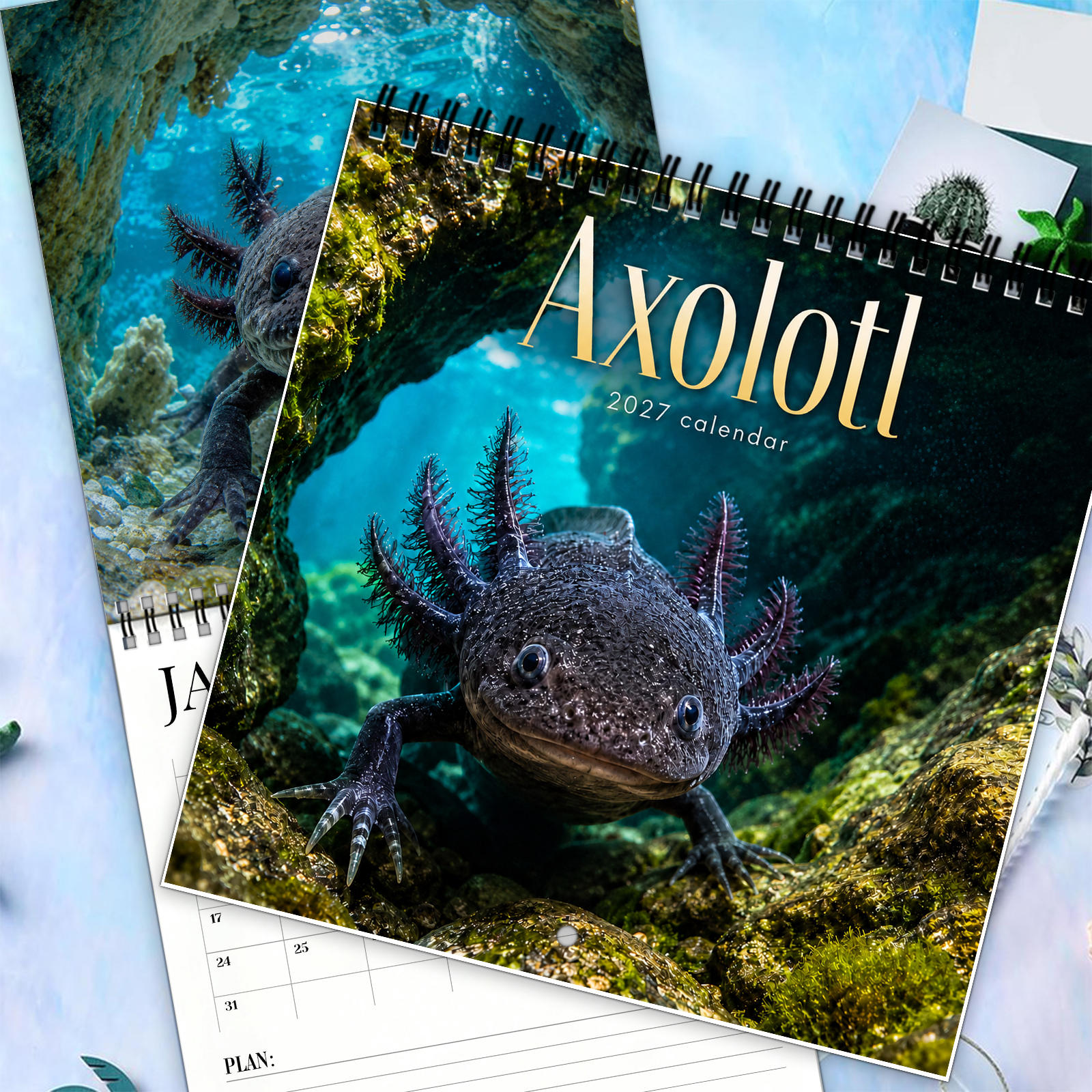 TEMU 1pc 2027 Axolotl Calendar, Cute Underwater Aquatic Photography With Lily Pads Pebbles And Bubbles, Twin Wire Hanging Design For Home Office