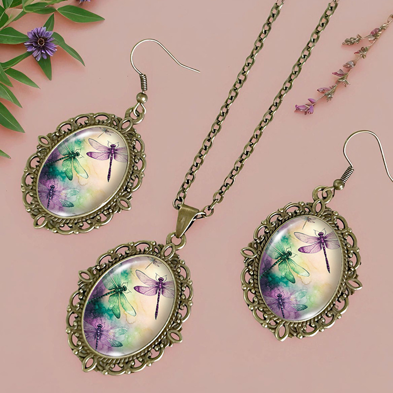 3pcs Gradient Dragonfly Necklace & Earring Set