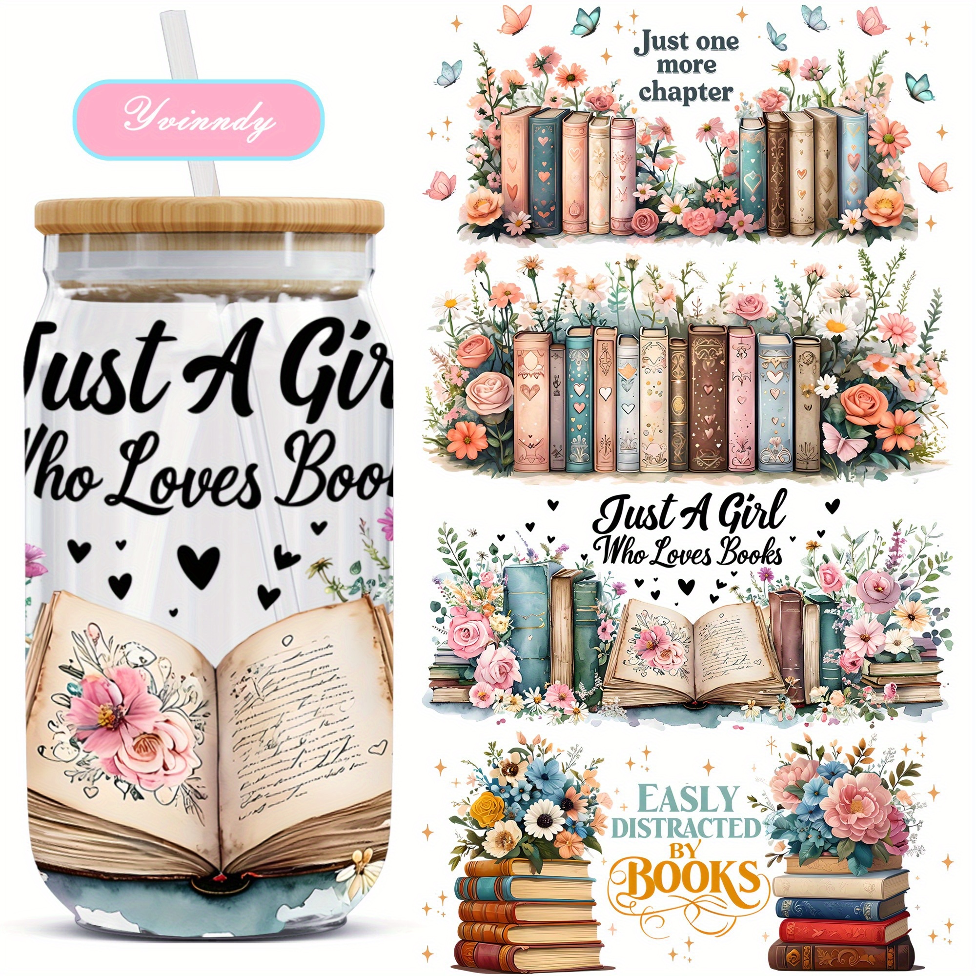 TEMU 4pcs Livres Adorés pour la Lecture Papier Décoratif de Transfert UV DTF - Imperméable et aux Rayures pour Tasses, Tasses de 16-Oz, Bouteilles,