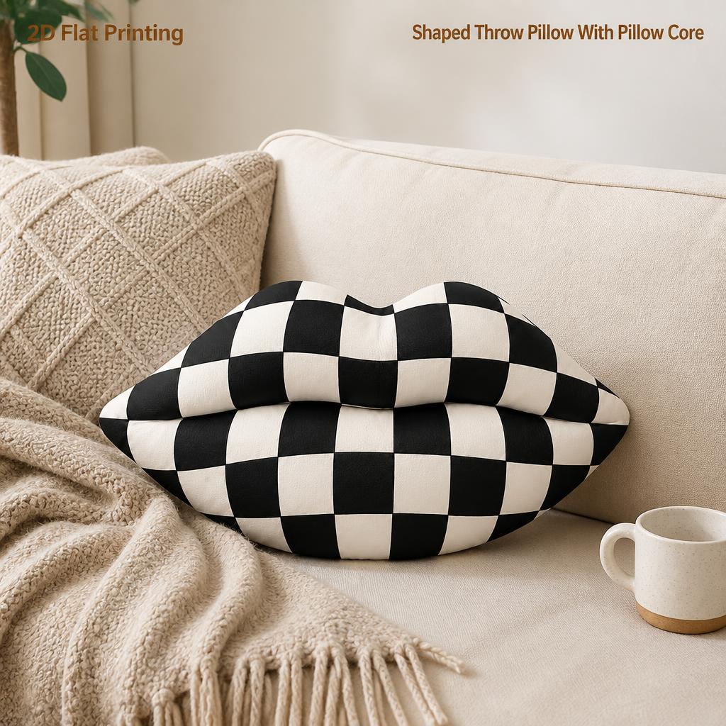 TEMU Coussin décoratif de lèvres à , coussin de décoration rembourré, motif de bouche à grille, décoration moderne, cadeau pour amateurs de mode pour