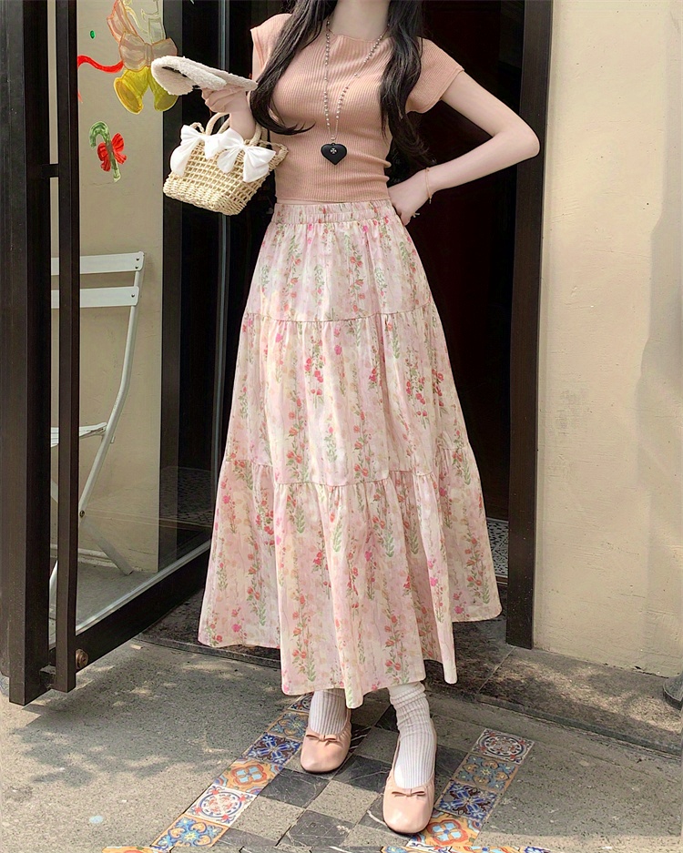 2025 summer new french style high waisted midi skirt women - Temu