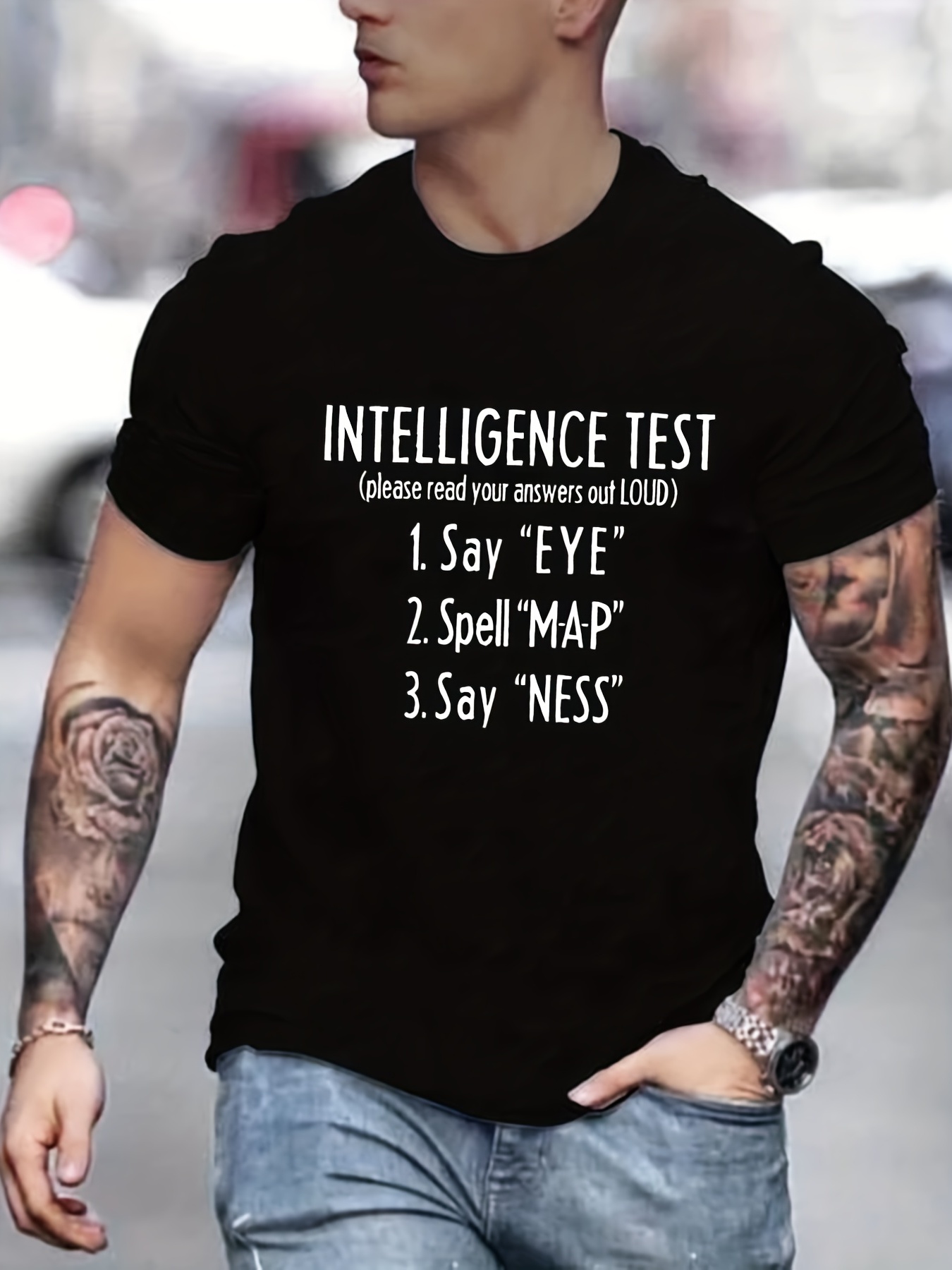 mens summer apparel featuring a humorous intelligence test design on a graphic tee