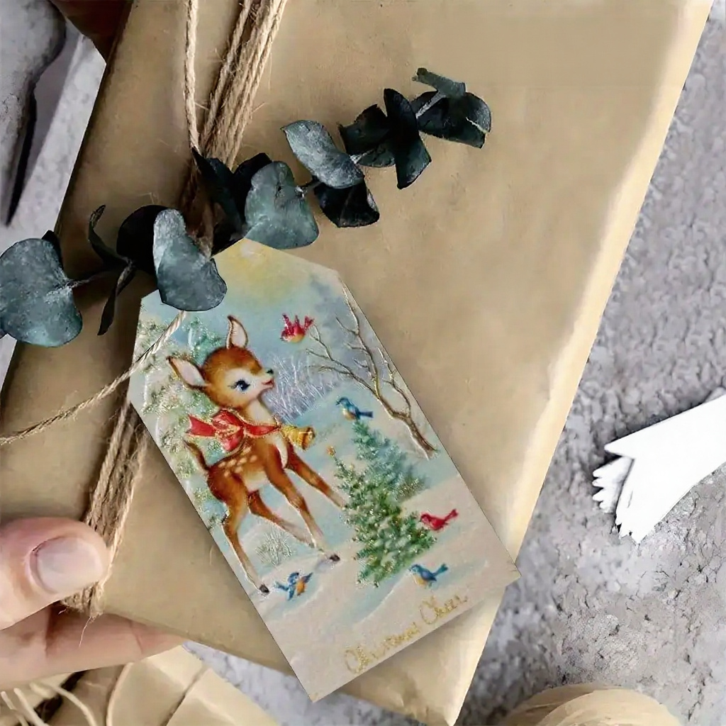 TEMU 48pcs Vintage Winter Deer And Birds Christmas Gift Tags With - Snow Branch, Red Berries, And Golden Decorative Labels For Gift Wrapping, Paper