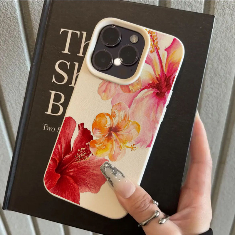 Pink Hibiscus Flower Pattern TPU Protective Case for Iphone 16 Pro Max/14/16 Plus/15/13 Pro/12/11, Stylish Design with Business Drop