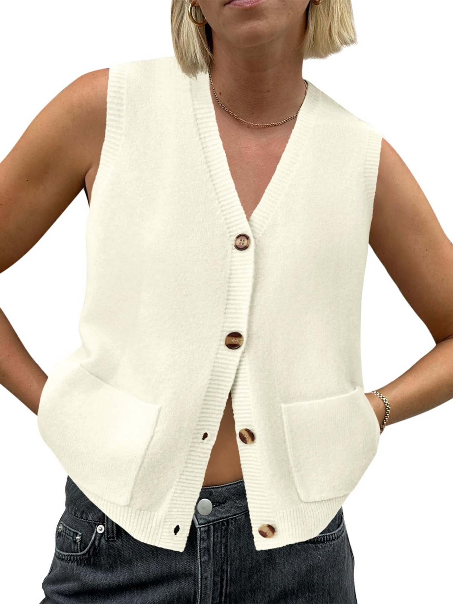 Women's Sleeveless Knit Cardigan Vest Beige Button-Up V-Neck with  Pockets, Casual Summer Fashion, Soft Cable Knit Pattern, Lightweight  Cardigan