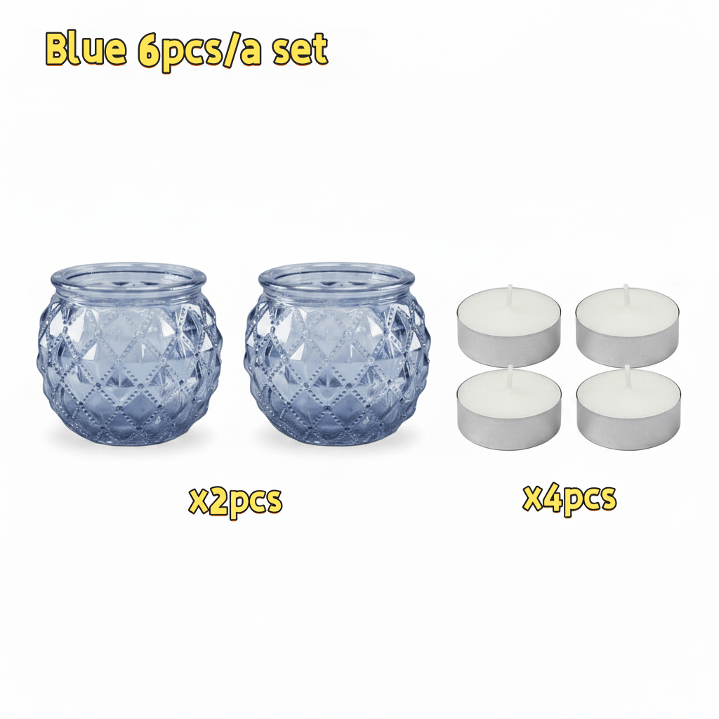 TEMU 6pcs Candlestick And Candle Set, Including 2 Blue Round Diamond-style Candlesticks And 4 Candles, Suitable For Gifts, Table Centerpieces, Glass