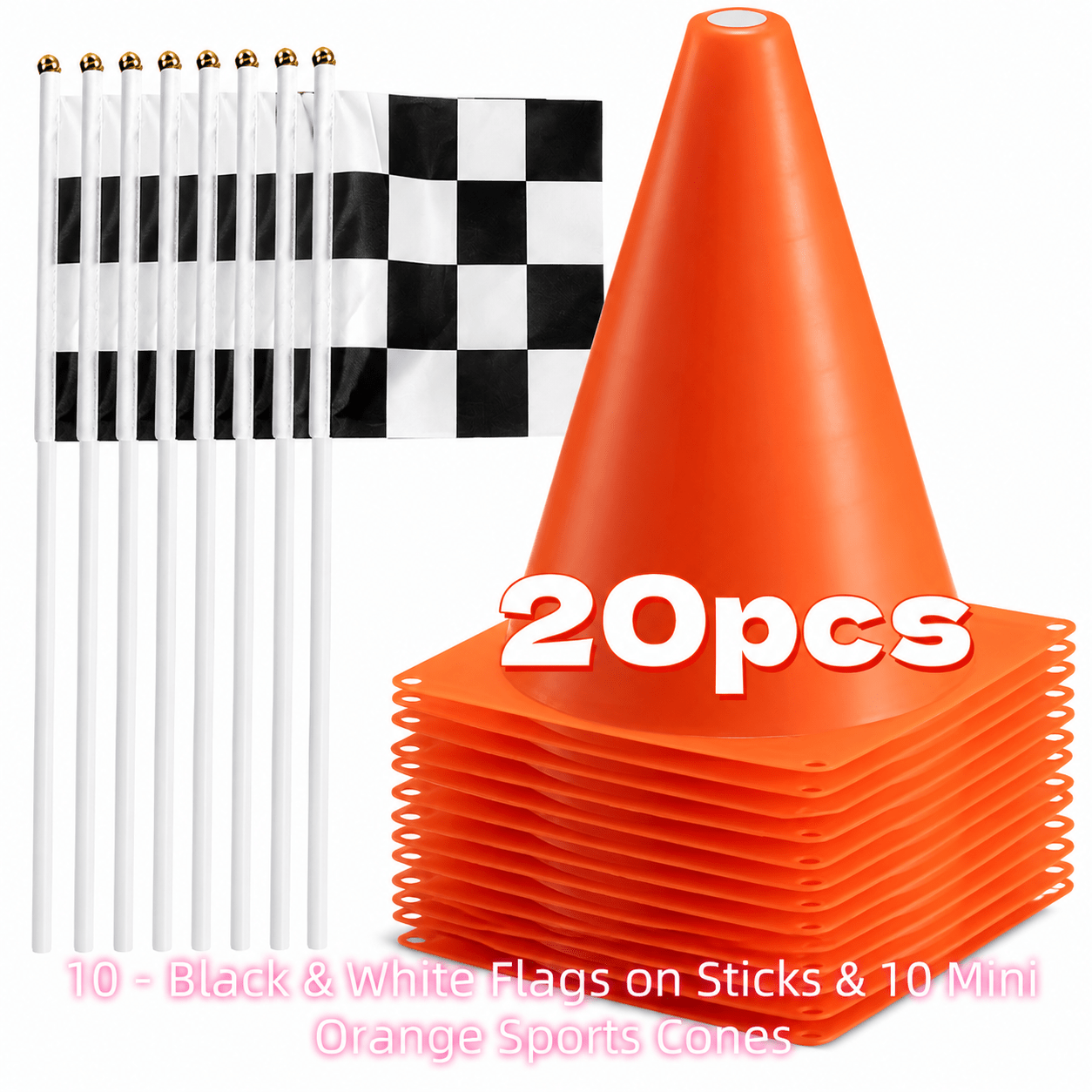 TEMU 20pcs Cones de Circulation et Drapeaux de Course à Carreaux - 10pcs Drapeaux Noirs et Blancs sur Bâtons et 10pcs Mini Cones de - Centre de Table