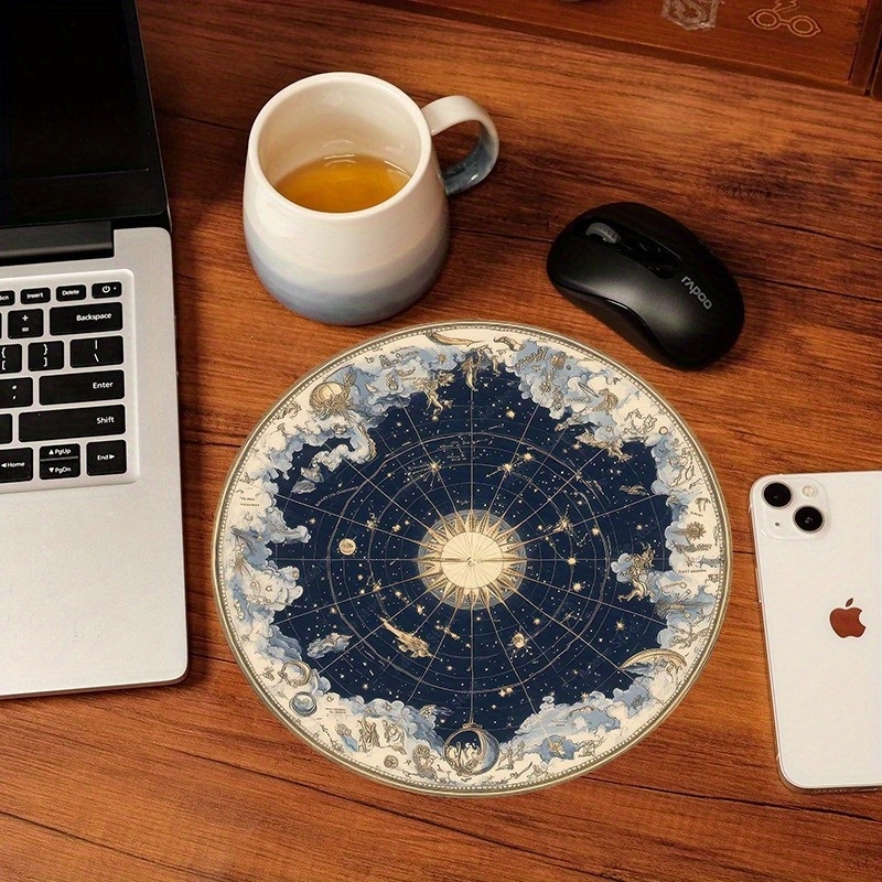 TEMU 【天体の雲が描かれた円形デザイン】中世風ヴィンテージマップをテーマにしたマウスパッド - eスポーツやオフィスでのキーボード使用、コンピューターモウスに最適