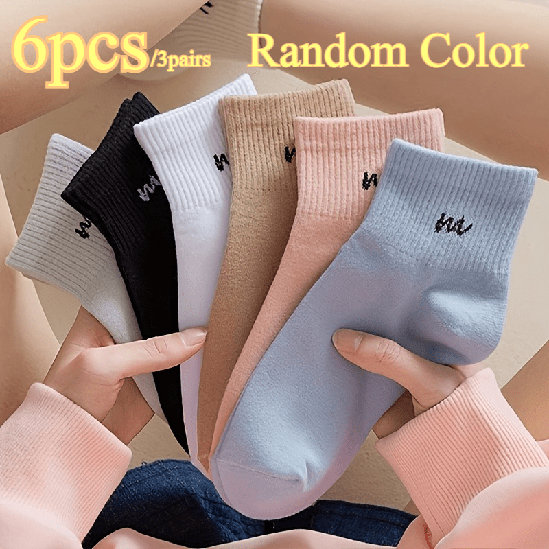 TEMU 6pcs/3pairs Women's Ribbed Ankle Socks - Soft Stretchy Suitable For Casual & Athletic Wear, Random Color Assortment, Plain Socks For Everyday
