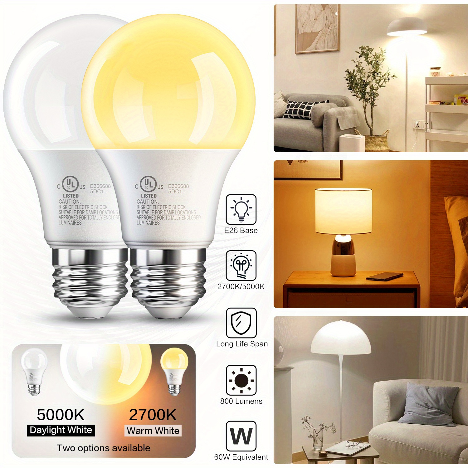 

12/24pcs A19 Led Bulbs, 5000k Light, Non-dimmable, 800lm, Cri80+, Energy- 9w ( To 60w Incandescent), Long- 15,000 Hours, E26 Base, Ideal For Bedroom, Living Room, Office Decor, Led Lights For Bedroom