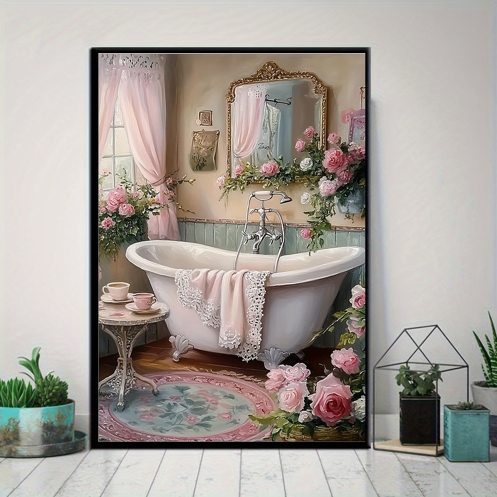 

Romantic Victorian Bathroom & Rose Canvas Art, 12x16" - Decorative Painting For Home Office, Bedroom, And Bathroom Wall Decor