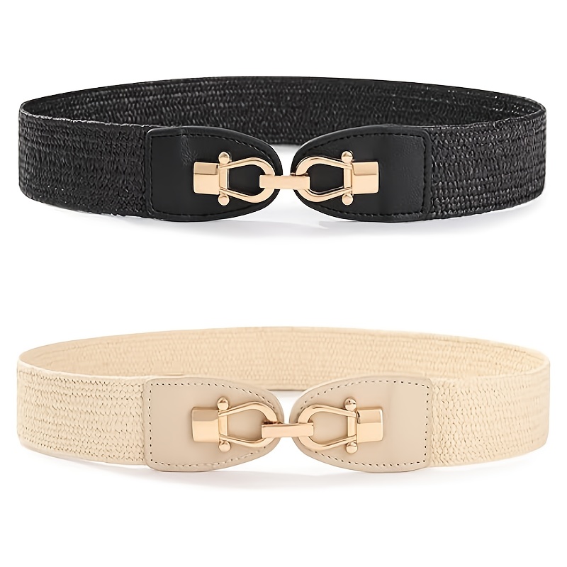 Image of 2pcs Women's Straw Belt Elastic Belt Metal Breathable Bohemian Belt, Suitable Casual Dresses