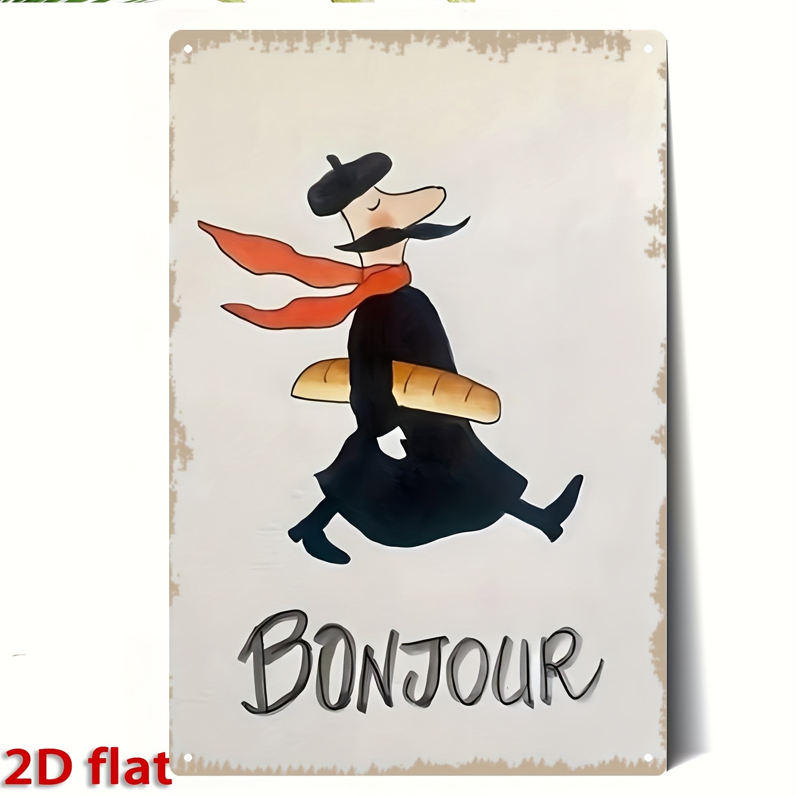TEMU 2d Flat - A Vintage French Baker Metal Wall Art Sign - Baguette Cartoon Decoration, 20, 32x30, 48 Cm Farmhouse Metal Iron Sign, Indoor/outdoor,