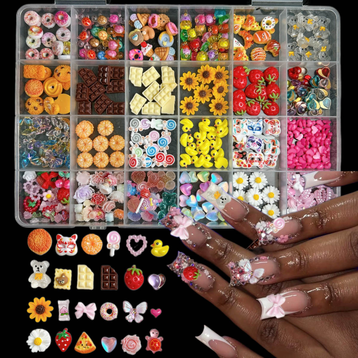 

Kit de Décoration d'Art d'Ongles - Nœuds de Dessins Animés Mixtes, Fraises, Chocolats & Fleurs - Alcool pour Mains, Pieds & Ongles