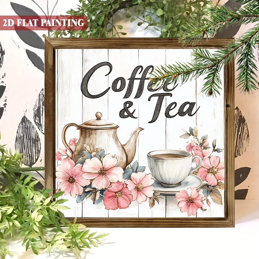 TEMU 2d Flat, Suitable For All , 2d Flat, 2d Flat Vintage " And Tea" Wooden Sign With Pink Roses - Rustic Ornament, Home Decor, Suitable For Kitchen,