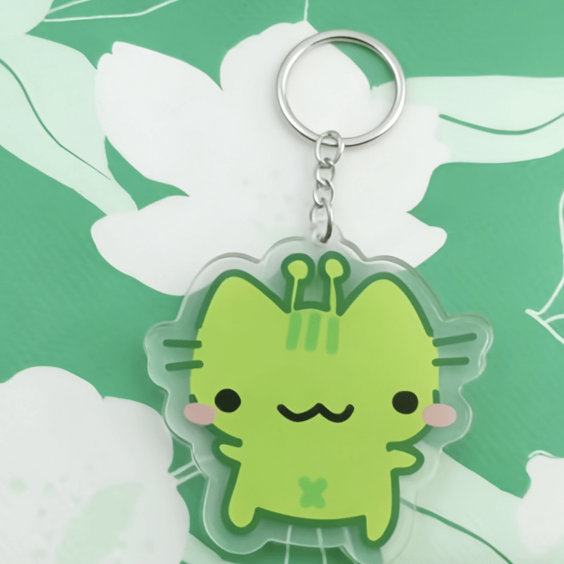 TEMU 2d Flat, 1pc Cute Green Cat Keychain With Antenna And - Double-sided Printed Acrylic Pendant, Suitable For Backpacks, Bags, Car Keys And Daily