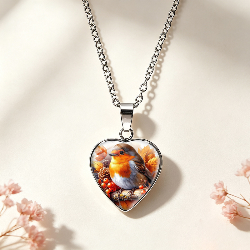 TEMU 1pc Robin Heart Glass Cabochon Necklace Fashion Handmade Unisex Heart Pendant Necklace Jewelry Accessory Gifts
