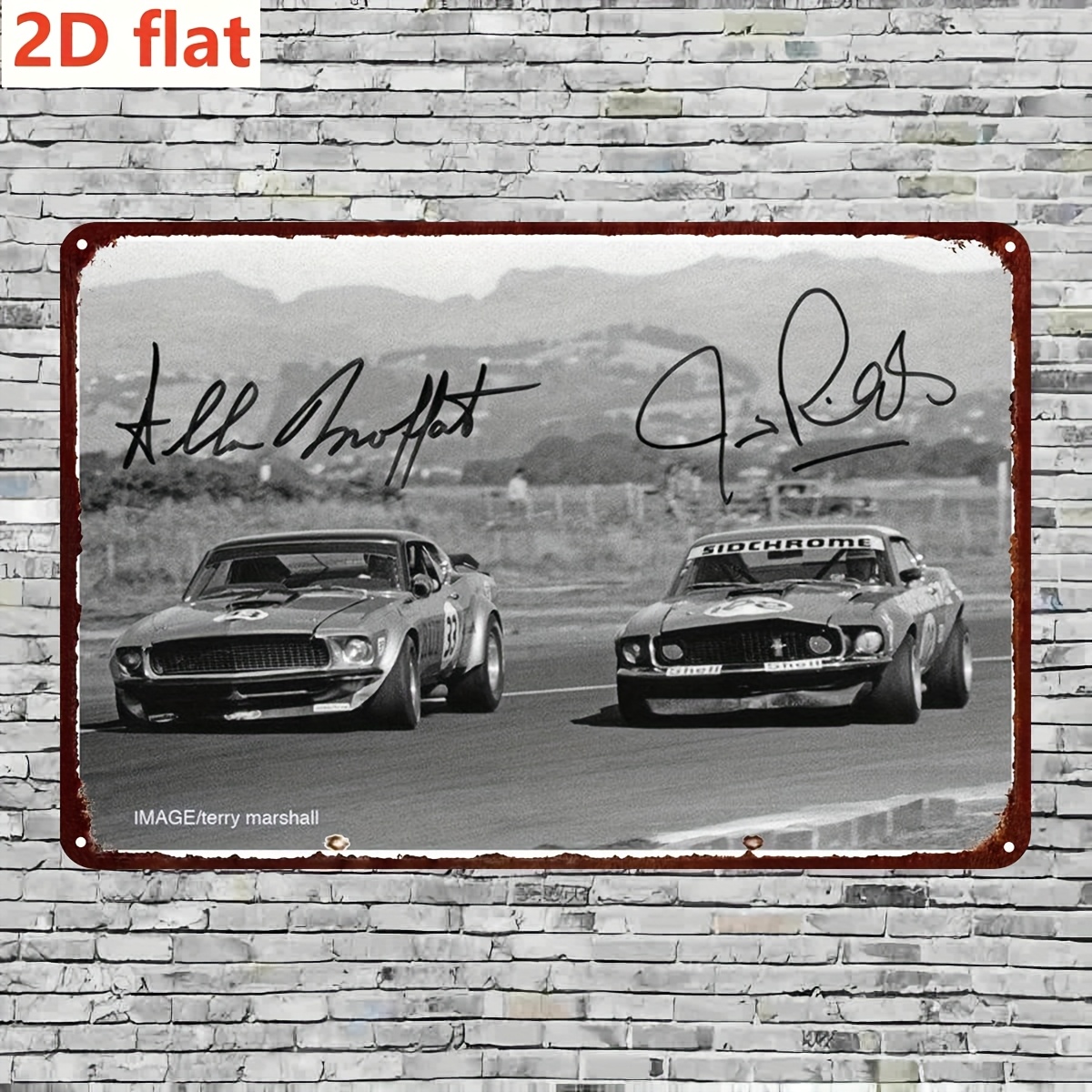 TEMU 2d Flat, 1pc, Vintage 1960s Racing Mustangs Metal Sign With Driver (steering Wheel Examples) - Durable Iron Retro Wall Art Suitable For Garage,