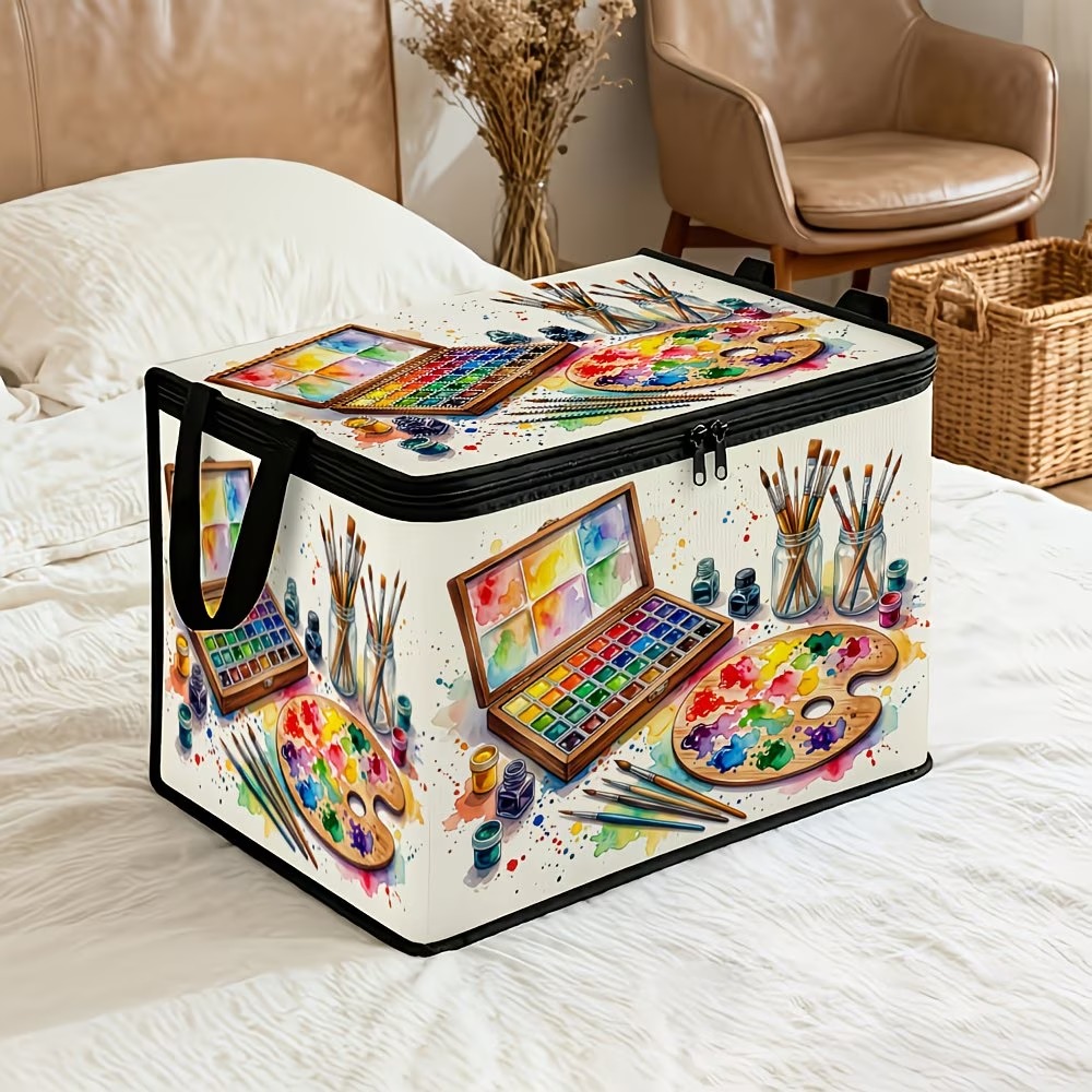 TEMU 1 -style Large Capacity Foldable Storage Box With Lid, Soft Fabric, Watercolor Desktop Pattern, Heavy-duty Zipper Organizer, Suitable For