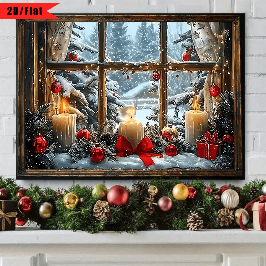 TEMU 2d Flat, 2d/flat, 1pc, Unframed, Snow Window Scenes, Wall Art With Red Decorations And Candles, Winter Room Decoration, Retro Christmas-style