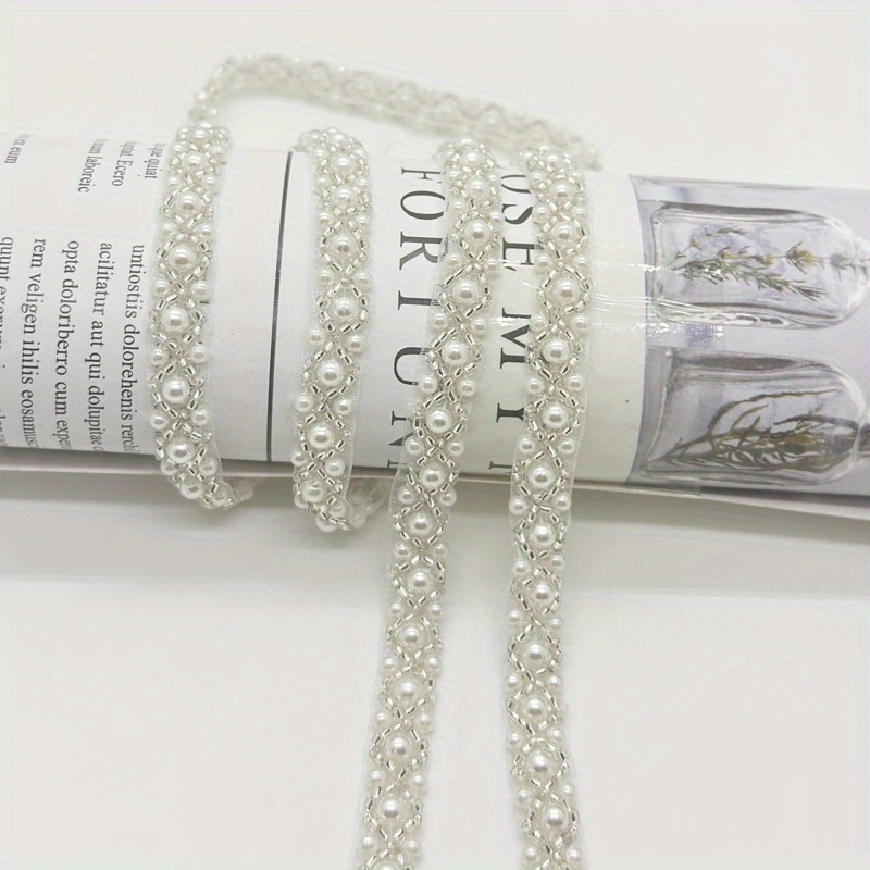 Image of Beaded Lace Ribbon Garment Sewing Additions Trimmings Pearl Lace Strap Hand-stitched Pearl Lace Ribbon