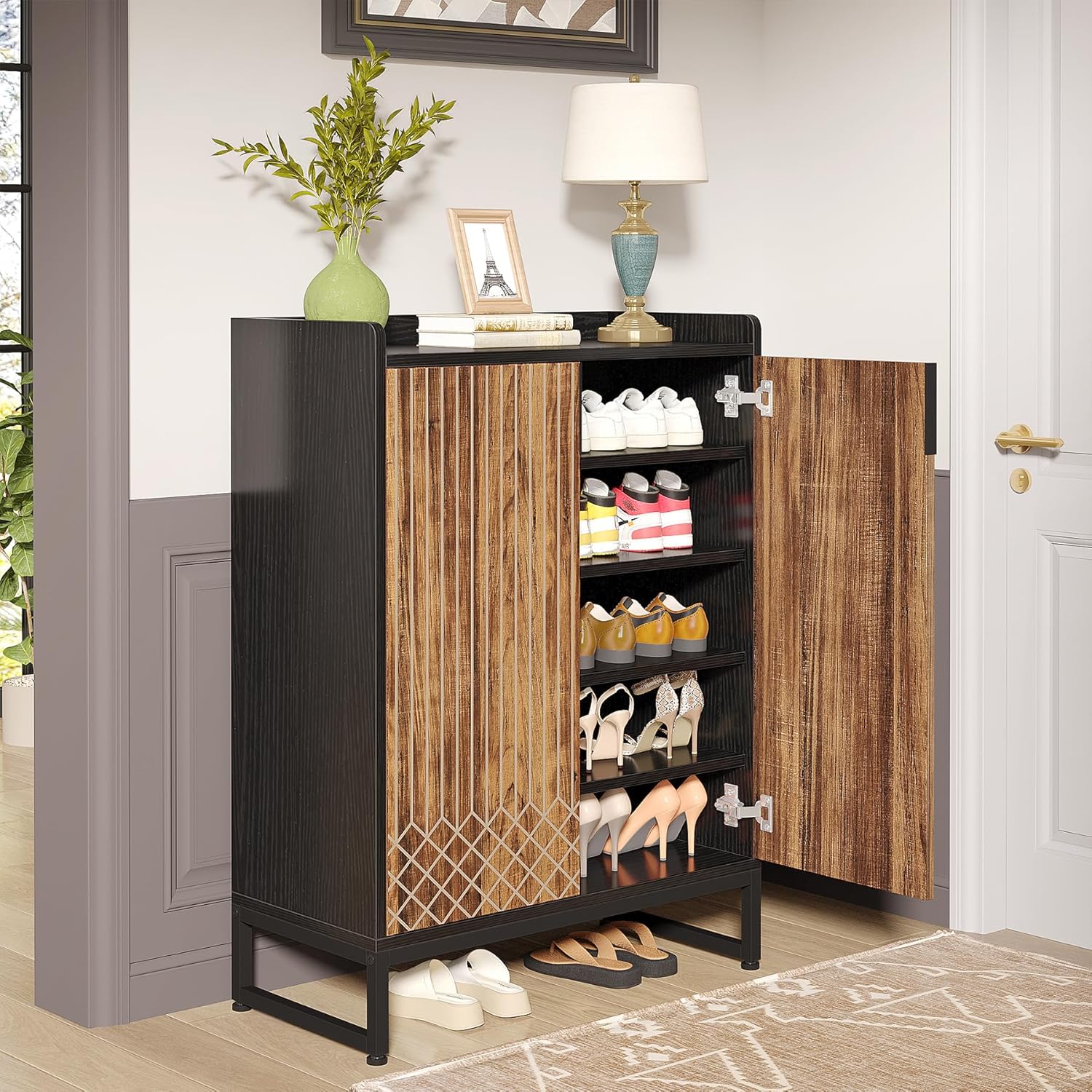 Shoe Cabinet With 2 Doors, 73 X 35 X 105cm, Shoe Rack For 25 Pairs, Shoe Cabinet With Metal Frame, Narrow Shoe Cabinet, Hallway Shoe Chest Of Drawers In