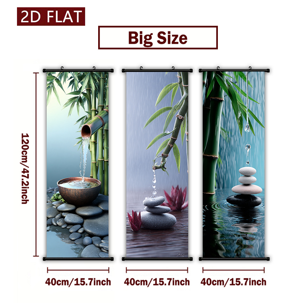 TEMU 2d Flat, 2d Flat, Three-piece Canvas Scroll Artwork Featuring Waterfall Stones, Enhancing The Ambiance Of Your Living Room, Bedroom, Or Office.