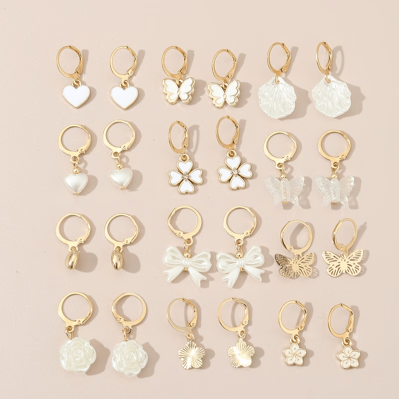 TEMU 24pcs 12-pair Elegant And Cute Artificial Shell + Bow Heart And Other Stylish Hoop Earrings For Women, Exquisite And Elegant Pastoral Design