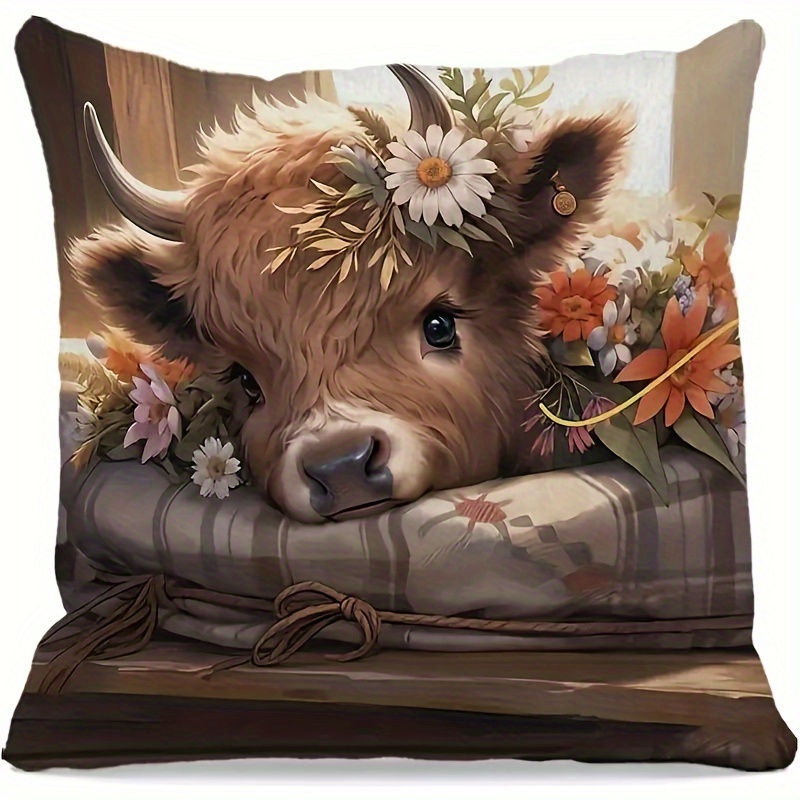 TEMU Highland Cow Throw Pillow Cover, Pillowcase With Summer Floral Decor, Spring Flower Highland Cow Decorative Cushion, Style Zippered Pillow Slip,