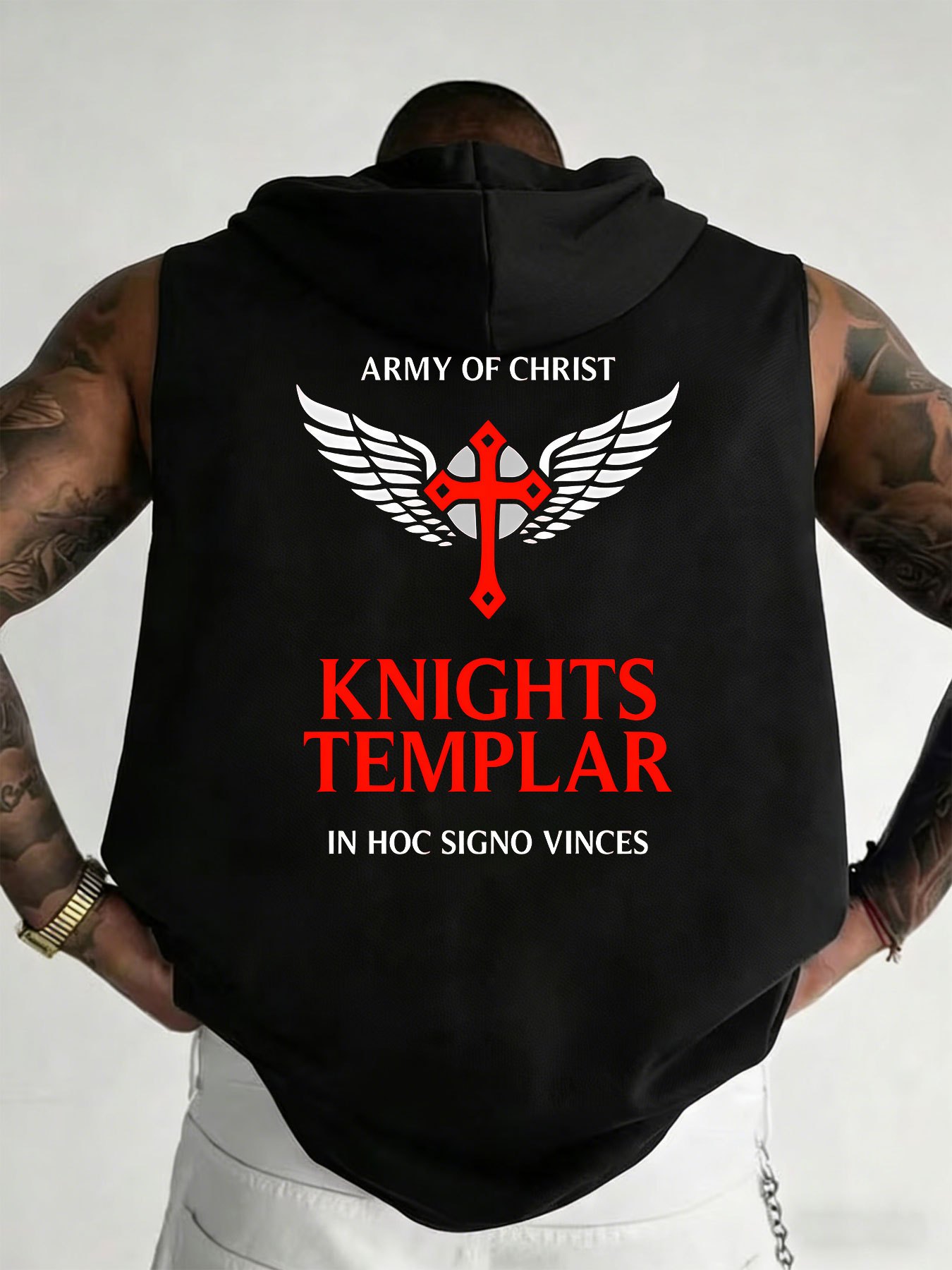 Camiseta de Tirantes sin Mangas con Capucha para Hombre para Fitness con Insignia de Moneda Plateada de  Templario Estampada en la Espalda, Tela Duradera Resistente al Desgaste, Estilo Fitness Místico Vintage