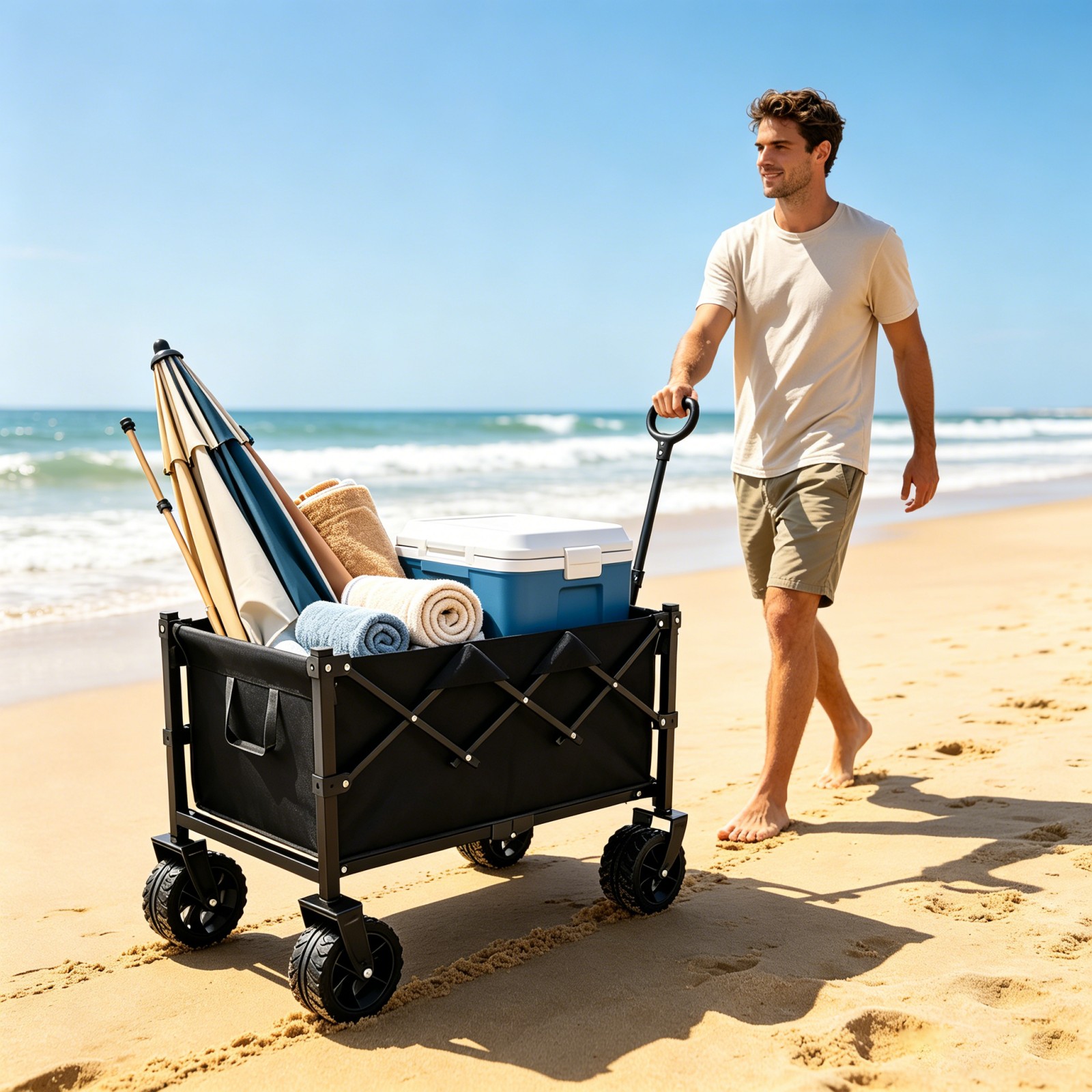 TEMU Heavy Duty Folding Wagon Cart With 7-inch Swivel Wheels, Collapsible Utility Wagon 220l Large Capacity, And Tear-resistant Fabric, Adjustable