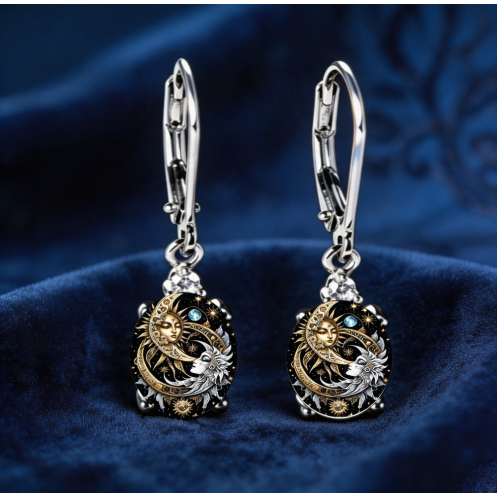 TEMU Conjunto de 2 Aretes Colgantes Retro con de Mapa de Sol y Estrella, Clips para , Joyería para Uso , Regalo de Vacaciones, Adornos Elegantes para