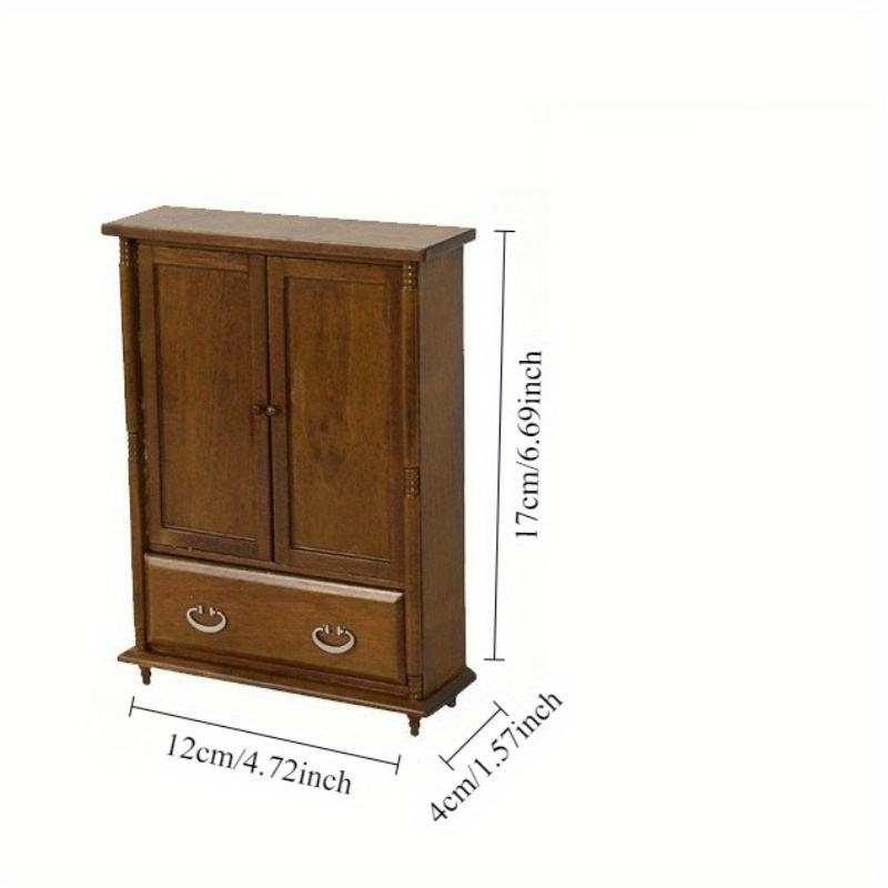 Image of Miniature Wooden Dollhouse Featuring An Antique-style Large Double-door Wardrobe, From Clear Solid Wood With A Puzzle-like Texture, Ideal For Arranging In A Small Bedroom Scene