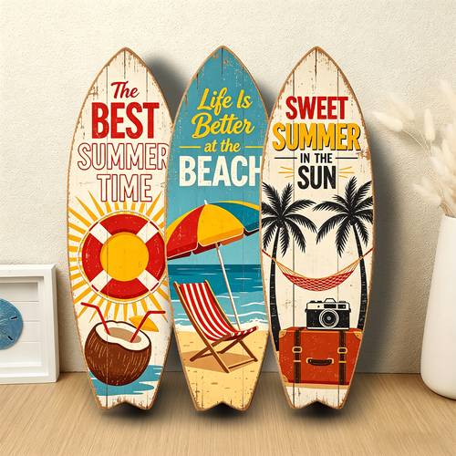 3-tlg. holz-surfbrett-wanddeko – künstliche hängedekoration für , veranda, poolbereich & garten mit kokosnuss-strand-kunst, surfboards für den außenbereich, unregelmäßige surfbrettform, nachhaltiges brett