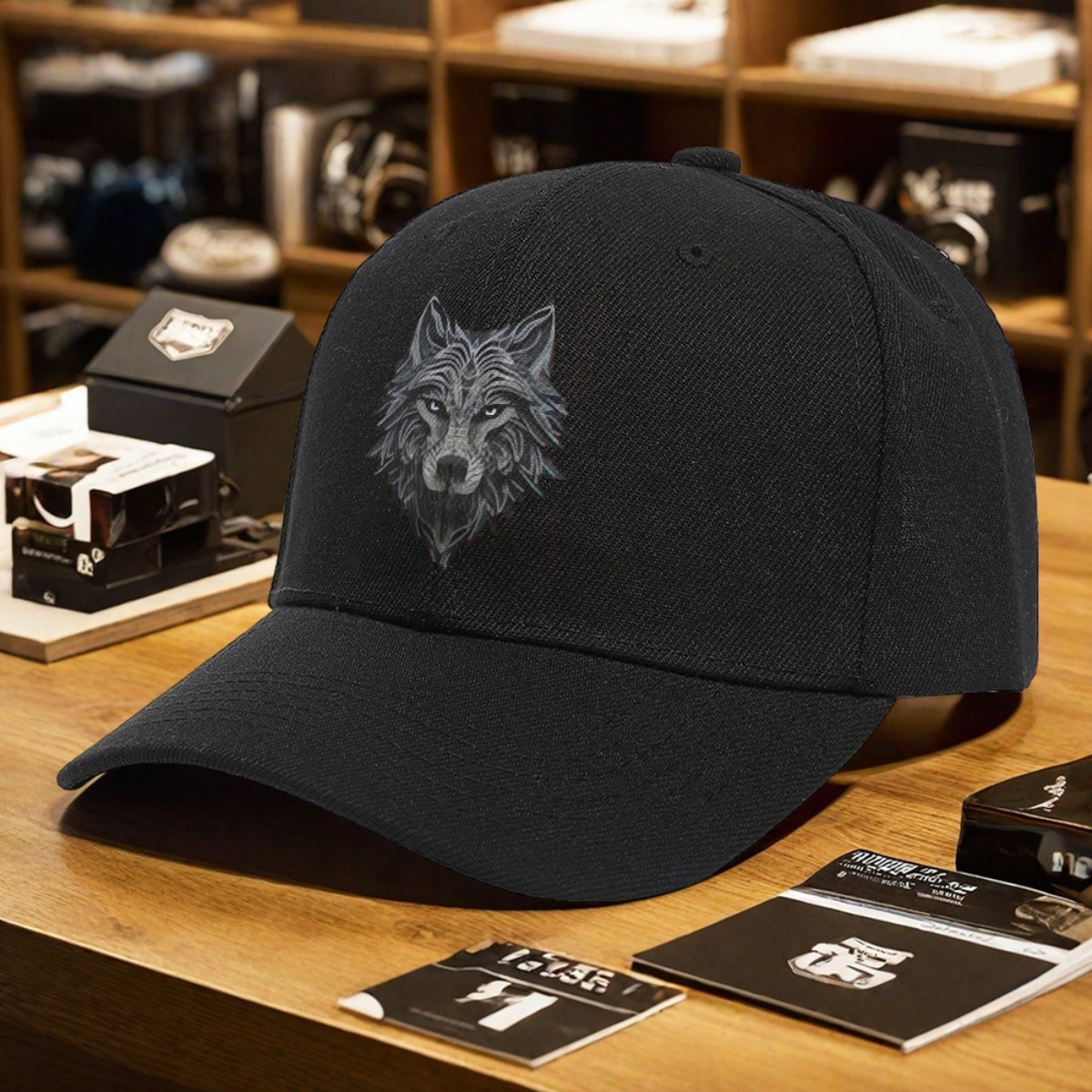 E-shop Unisex Kappe, verstellbar, mit symmetrischem Wolfkopf, ideal für Outdoor-Aktivitäten in jeder Jahreszeit, bietet Sonnenschutz und ist ein tolles